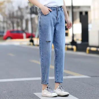 

Spring 200 fat MM simple slim hole stretch jeans Harlan ankle-length pants plus size women's 7692