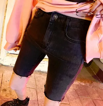 

New natsushio han edition tight play 5 minutes of pants of tall waist height washed burrs denim shorts black woman