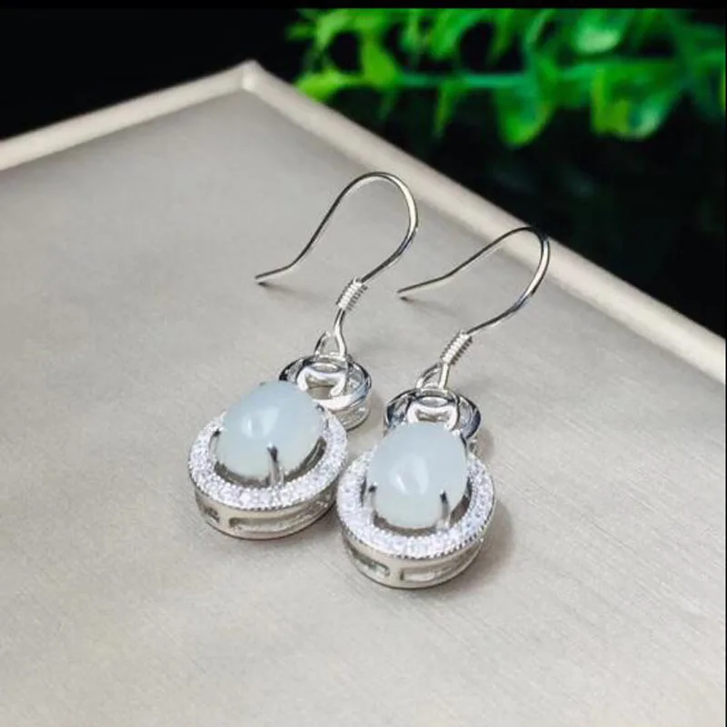 Unique 925 Sterling Silver Natural Hetian White Jade Drop Earrings Lucky Hook Fine Jewelry For Women Brincoss