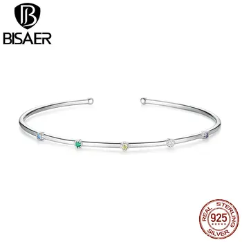

BISAER Bracelets 925 Sterling Silver Open Bracelet Bangle S925 Plated Colored Rainbow Dazzling Zircons Adjustable Wrist Chain