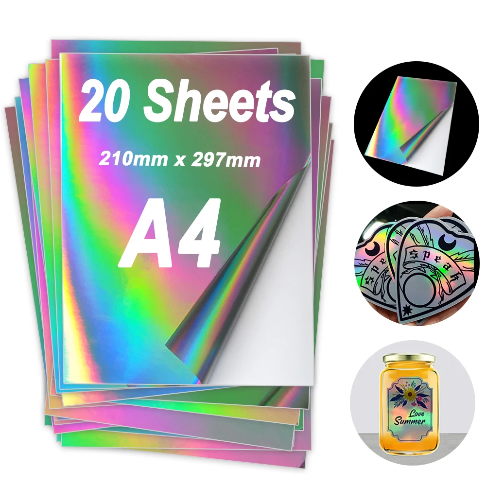 Lot de 20 feuilles de papier autocollant holographique imprimable