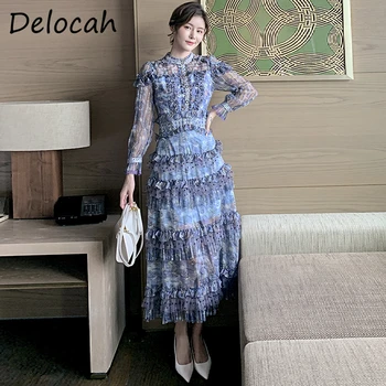 

Delocah Women Autumn Fashion Runway Party Cake Midi Dress Lace Ruffles Long Sleeve High Waist Bodycon Ladies A-Line Dresses 2020