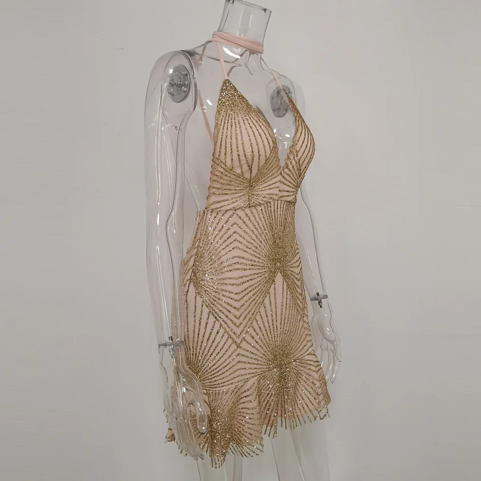 Короткое мини коктейльное платье с глубоким v-образным вырезом, вечерние платья, сексуальное блестящее женское короткое вечернее платье с открытой спиной
