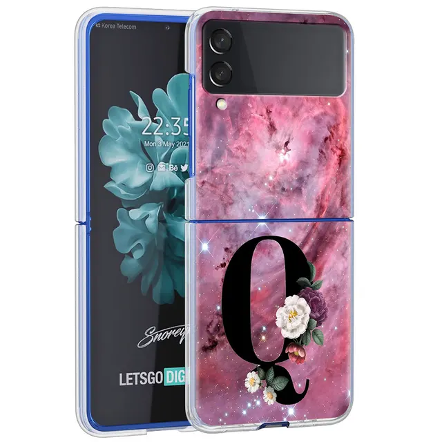 Letter A B Flowers Pink Case For Samsung Galaxy Z Flip 3 5G Transparent Hard Cell Phone Cover ZFlip3 Clear PC Luxury Fundas H17
