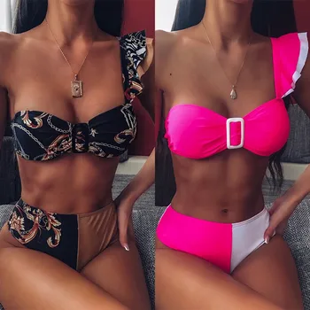 

ARXIPA Sexy One Shoulder Bikini Set Crop Top Swimsuit Ruffle Swimwear High Waist Women's Swimming Suit Patchwork Brazilian Pads