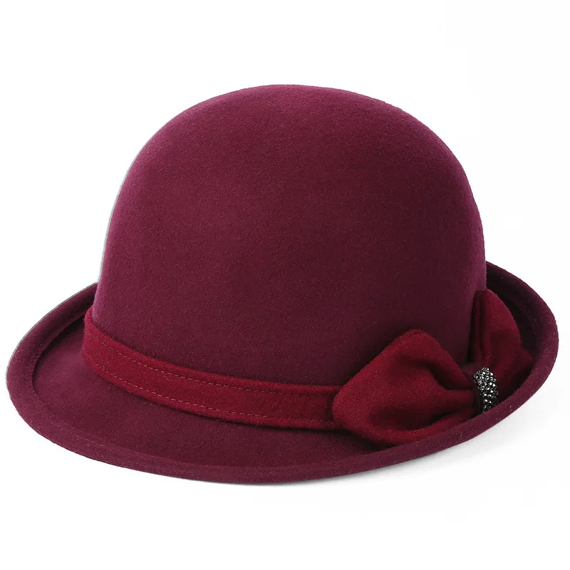 FS элегантный Для женщин шерсть фетровая шляпа с бантом женские, зимние, модные, плотные, фетровая шляпка шерстяная Шапки Ретро Повседневное Кепки Floppy Chapeu Feminino - Цвет: Wine Red
