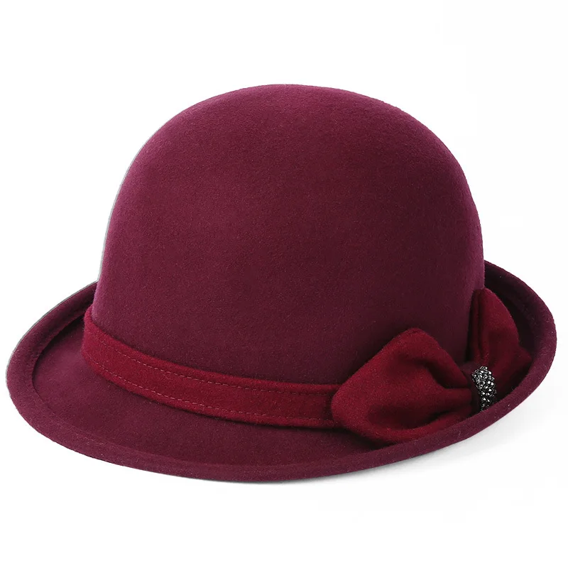 Wine Red FS элегантный Для женщин шерсть фетровая шляпа с бантом женские, зимние, модные, плотные, фетровая шляпка шерстяная Шапки Ретро Повседневное Кепки Floppy Chapeu Feminino - Цвет: Wine Red