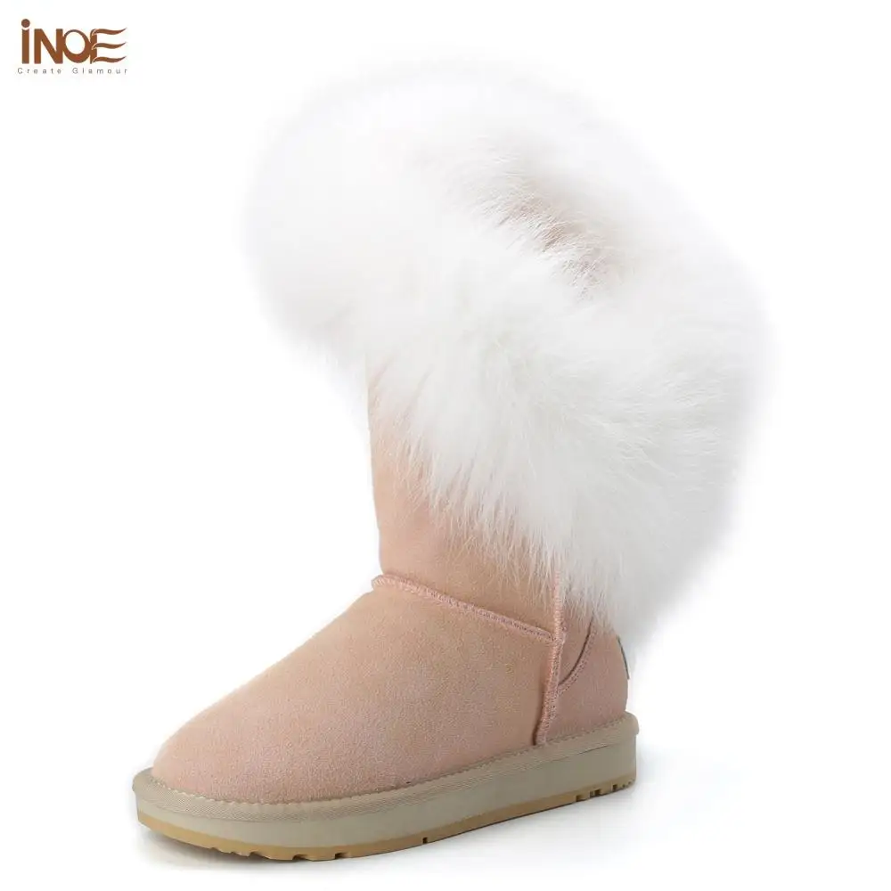 INOE Real White Fox Fur Tassles Cow Suede Leather Synthetic Lined Women Winter Snow Boots Fashion Pink Keep Warm Shoes 34-44 | Обувь