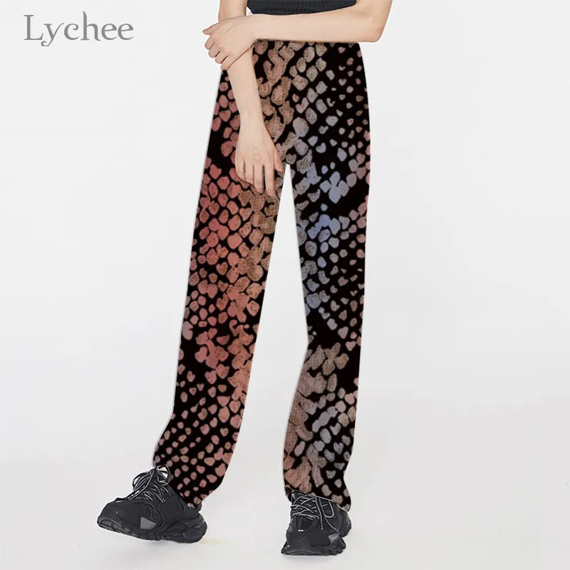 Lychee женские брюки Harajuku с эластичной резинкой на талии и широкими штанинами, женские брюки с разноцветным принтом змеиной кожи, повседневные свободные осенние женские штаны
