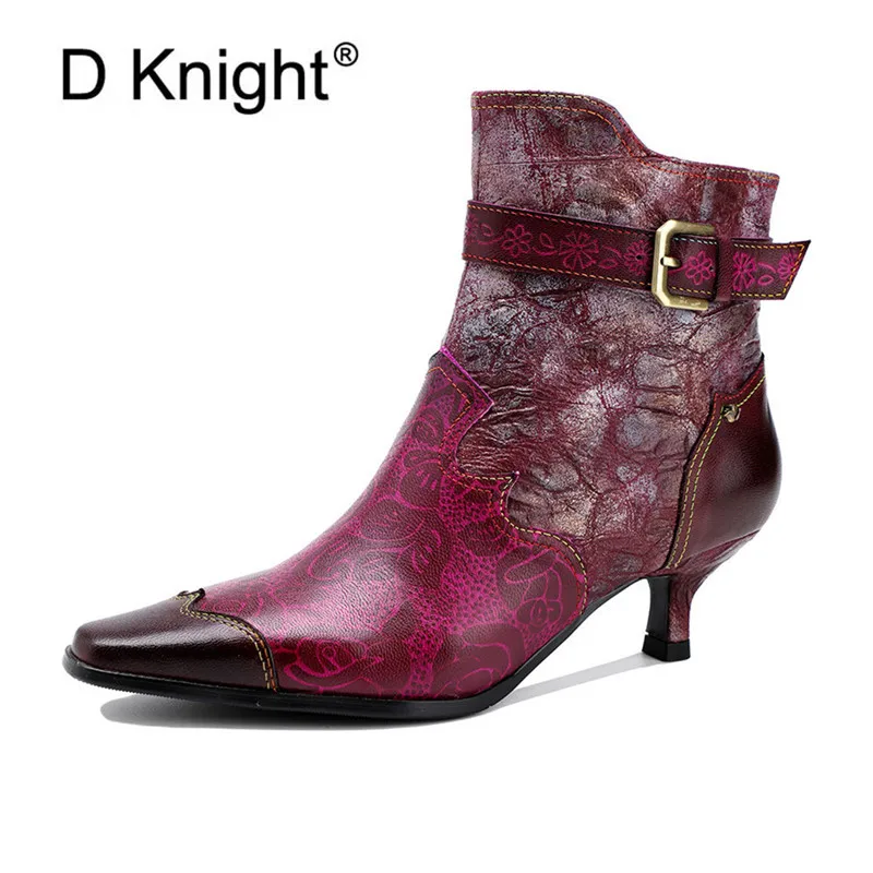 

Новые женские ботильоны на шпильке с пятничным принтом и пряжкой, винтажные женские ботинки из натуральной кожи на тонком каблуке, обувь в западном стиле