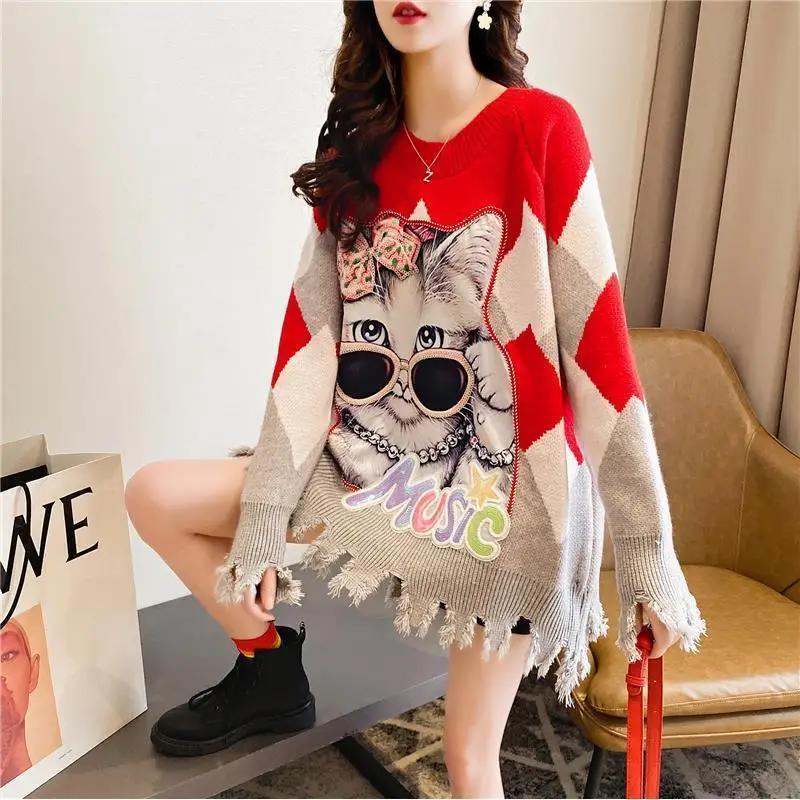 Fall And Winter Outer Wear Mid-Length Red Sweater for Women Loose And Lazy Style 2021 New Fashion Base Very Fairy Blouse