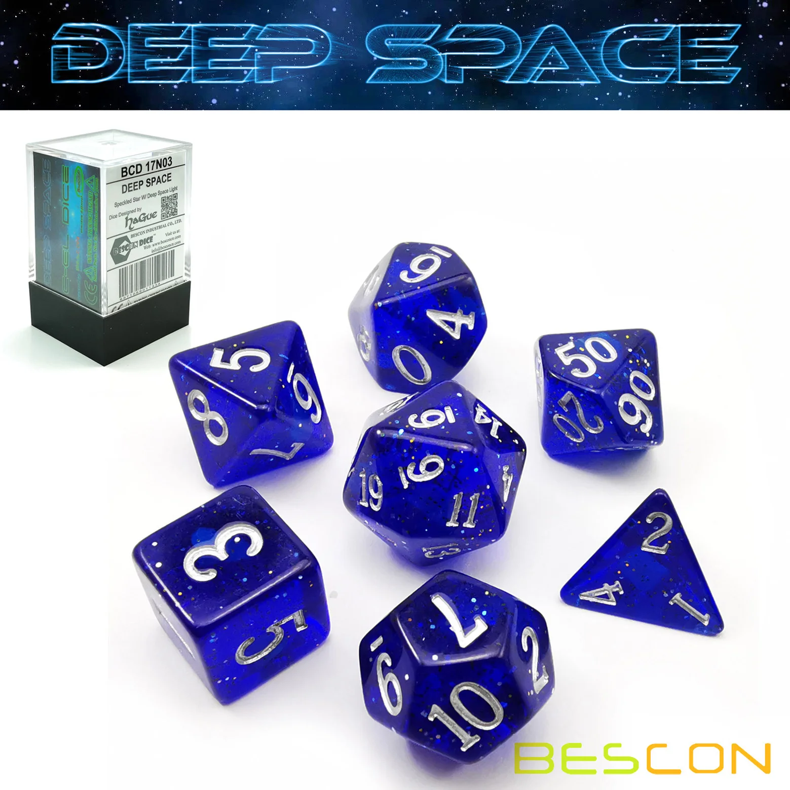 Bescon Super Glow in the Dark Glitter Polyhedral Dice Set DEEP SPACE, Luminous RPG Dice Set,Glowing Novelty DND Game