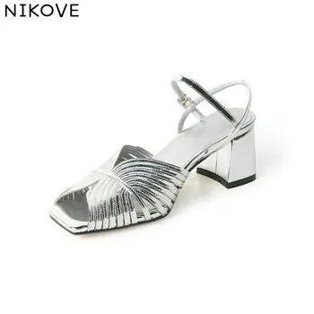 

NIKOVE 2020 Leather+PU Summer Sandals Women Shoes Platform Square Med Heel Elegant Peep Toe Ankle Strap Casual Shoes Size 34-39
