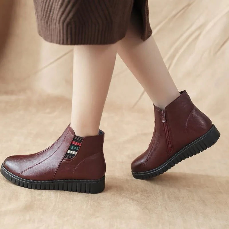 Coolcept Ankle Boots For Women Plush Fur Warm Winter Mom Shoes Women Fashion Zipper Round Toe Cotton Footwear Size 35-39 - Цвет: Бордовый
