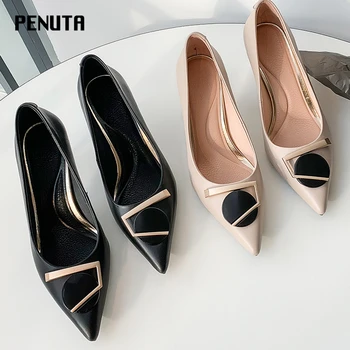 

2020 PENUTA High Heel Dress Shoes Woman Pointy Toe Ladies Office Shoes Metal Decoration Female Concise Pumps New Designer G0028