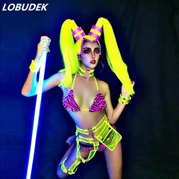 

Nightclub Female Dance Costume Shiny Sequins Bikini Wig Headgear Outfit Girls Dance Team DJ Performance Clothes Sexy Stage Wear