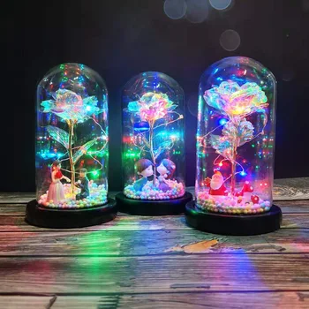 

LED Night Light Glass Cover Rose Flower Landscape Ornaments Rose Table Lamp Fairy Lamps Valentine's Day Christmas Gift