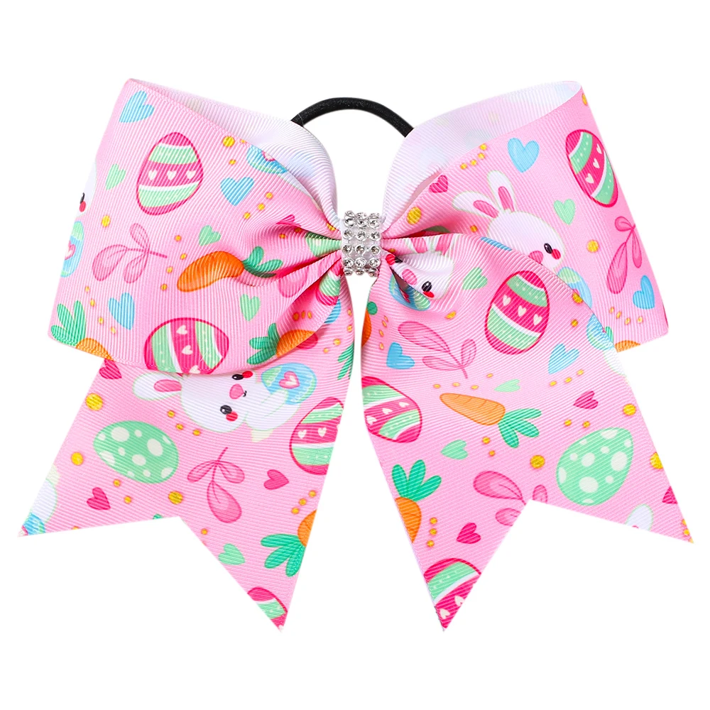 

7'' Easter Day Cheer Bow Cute Rabbit Print Hair Bow Large Elastic Hair Band With Rhinestone Knotted For Girls Party Headwear