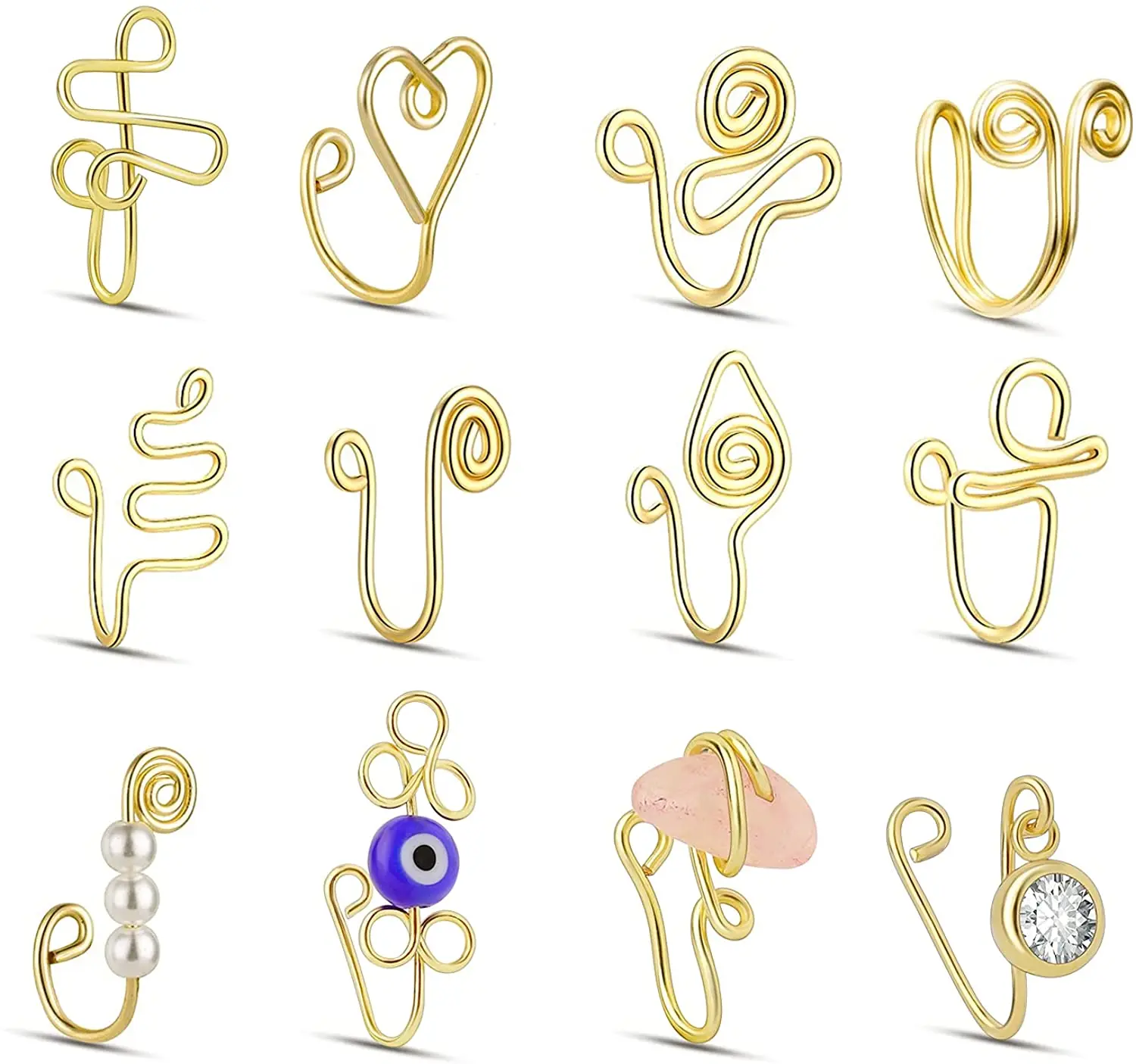 

12 Pcs African Nose Cuff Non Piercing Clip On Nose Ring for WomenCrystal Pearl Nose Cuffs Fake Nose Cuff for Women and Girls
