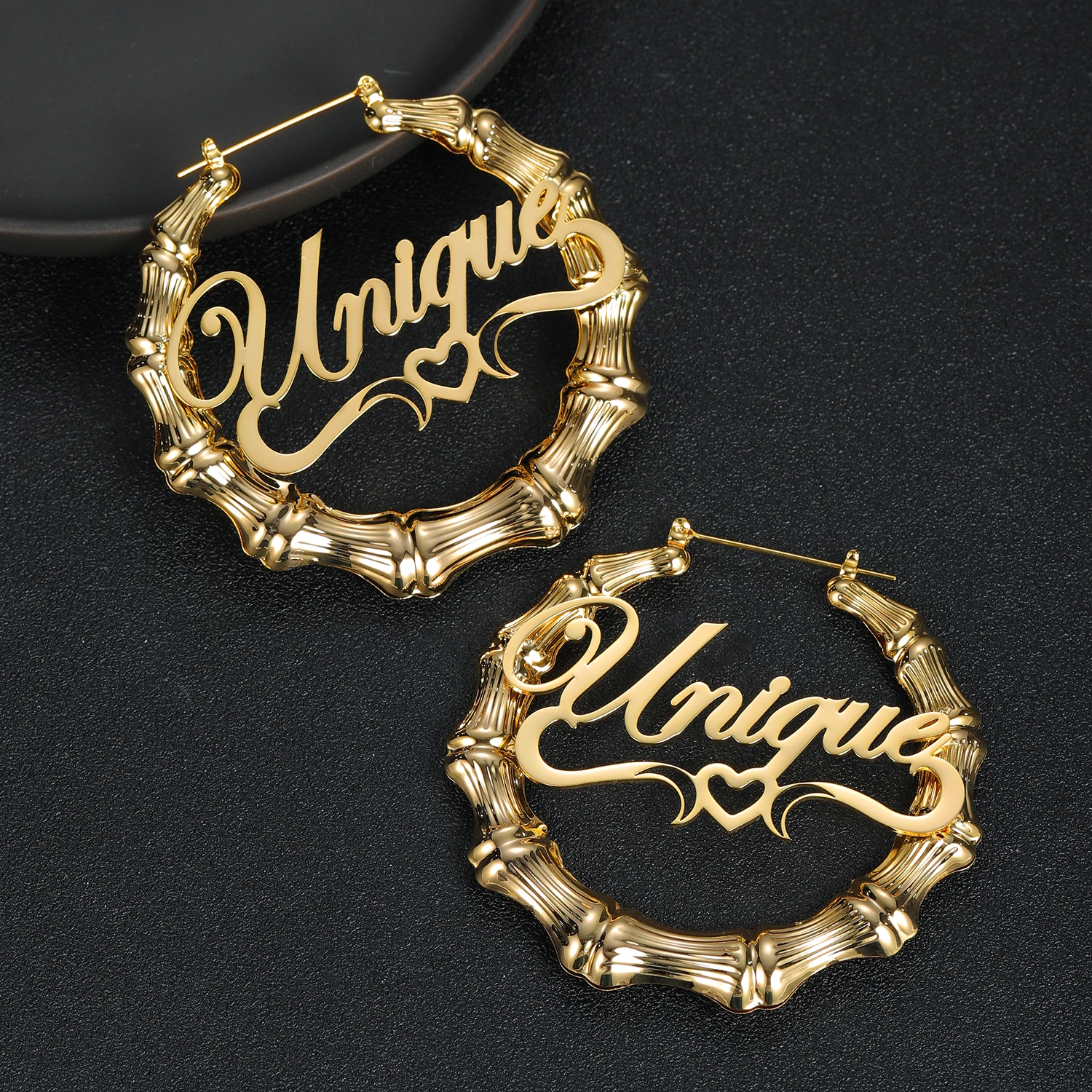 

Personalized Bamboo Hoop Earrings Customize Name Earrings 30mm-100mm Bamboo Style Personality Earring With Statement letter Hip