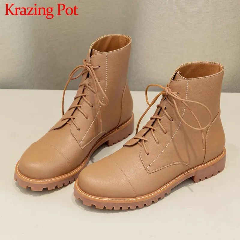 Krazing Pot/зимняя повседневная одежда классические ботинки из коровьей кожи повседневные теплые однотонные женские ботильоны на среднем каблуке, с круглым носком, на шнуровке, L9f2