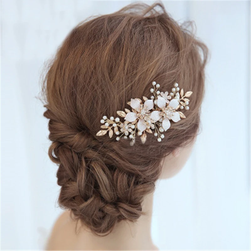 

FIAZIA Charm Leaf Bridal Hair Comb Ornaments Women Wedding Accessories Jewelry Handmade Flower Pearls Head Combs Bride Hairdress