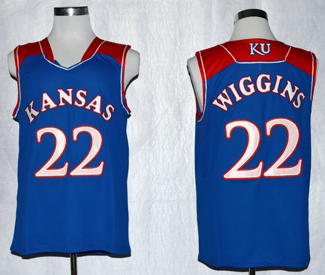 Новое поступление, высокое качество, Kansas Jayhawks, Andrew Wiggins Jersey - Цвет: Синий