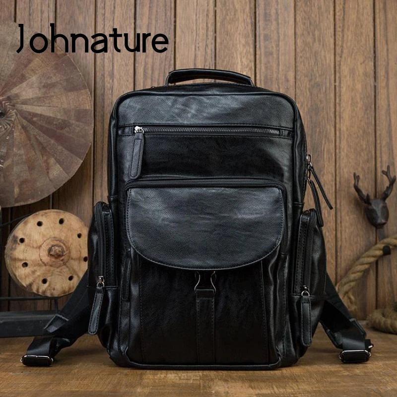 Мужской вместительный рюкзак Johnature для ноутбука из натуральной кожи ручной