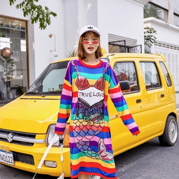 

Loose Long Sleeve Pullover Sweater Dress Rainbow Striped Women Knitting Dress Cartoon Sequined Fashion Midi Sweater Dress