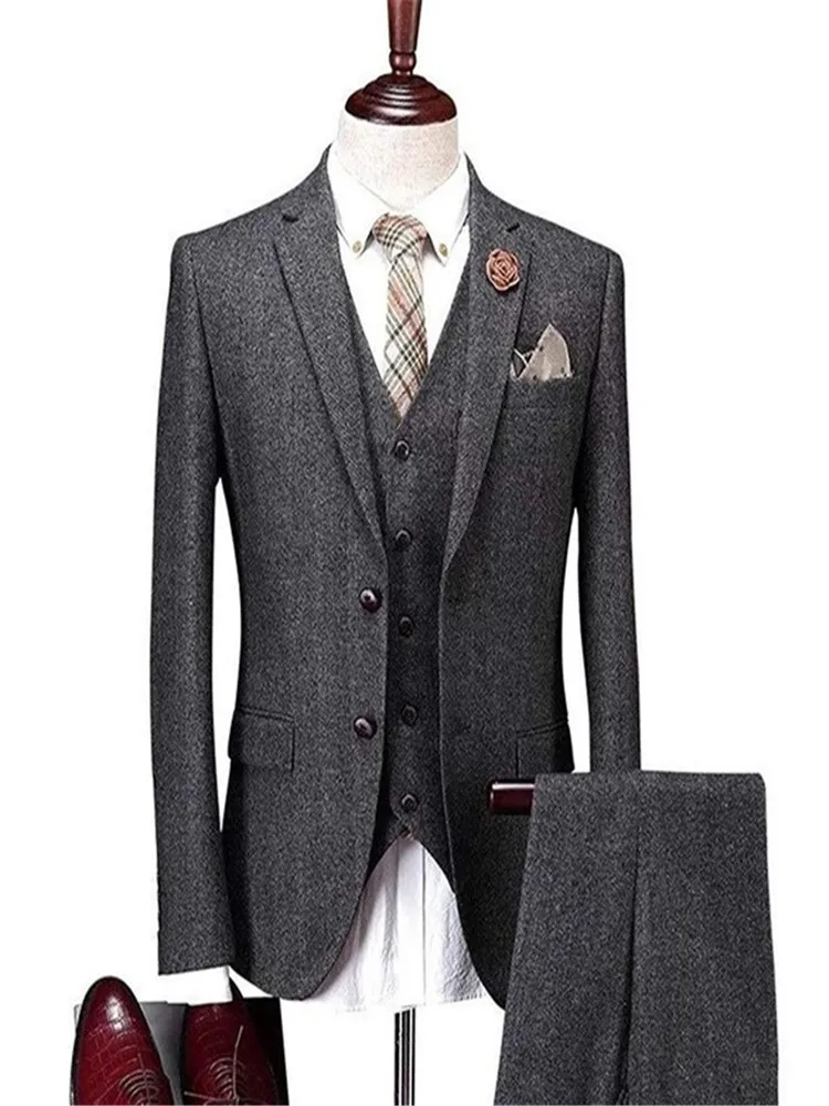 2020 Привлекательные мужские костюмы из 3 предметов темно синий твидовый костюм