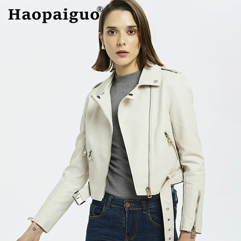 

Large Size Washed PU Faux Leather Coat Women Bright Colors Black Jacket Motorcycle Coat Short Biker Jacket Soft Jacket Female