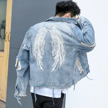 

KIMSERE Mens Hi Street Destroyed Jean Jacket With Wing Embroidery Ripped Denim Trucker Jackets Fashion Streetwear Outerwear