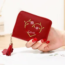 

Short Women Love Flower Embroidery Wallets Female Tassel Letter Zipper Coin Purses Multi-function Card Holder Clutch Money Clip