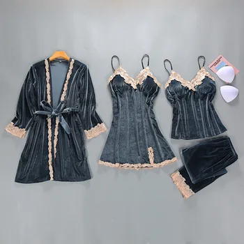

Soft Pajamas Set Homewear Casual Female Sleep Suit Nightwear Bathrobe Gown Sexy Pijamas 4PCS Nighty&Pants Warm Home Clothes