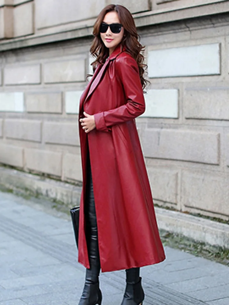 Red plus velvet Осень тренд женский кожаный плащ Готический женский s плюш дамы Водоотталкивающая куртка платье Мода ветрозащитный - Цвет: Red plus velvet