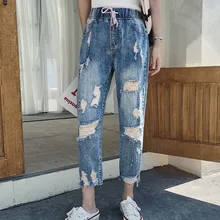 Летние джинсы для женщин размера плюс с эластичной резинкой на талии, рваные джинсы 9/10, Длина Капри, L, XL, 2XL, 3XL, 4XL