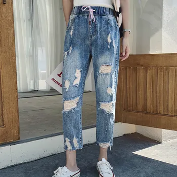 

Summer Plus Size Elastic Waist Ripped Hole 9/10 Length Capri Denim Pants Jeans for Women L XL 2XL 3XL 4XL