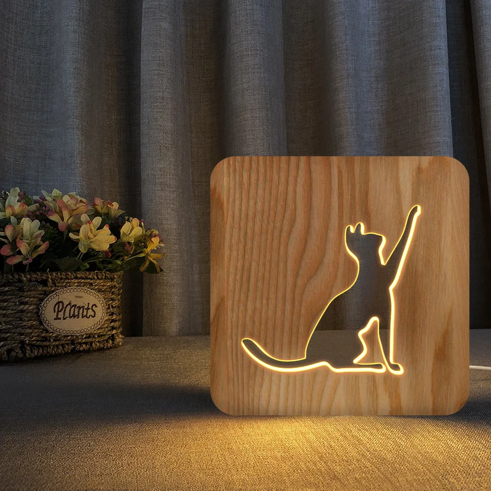 Forma de Gato Tridimensional de Madeira Decoração do Quarto Presente de Aniversário Candeeiro de Mesa Luz da Noite Customizável Natal Criativo 3d Led 1 Luzes noturnas