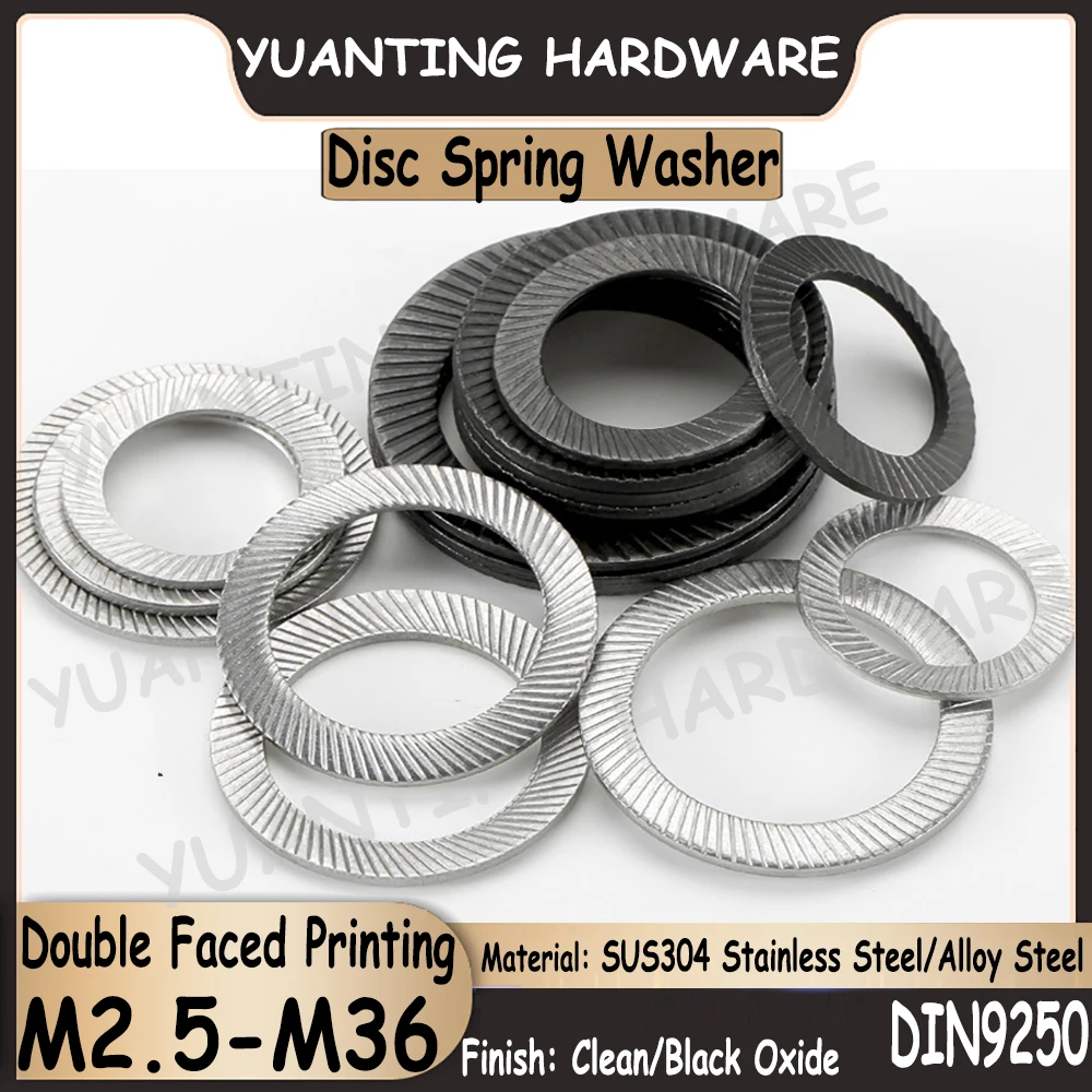 1Pc-100Pcs DIN9250 SUS304 Stainless Steel/Alloy Steel Disc Spring Washers with Double Faced Printing M2.5 M3 M4 M5 M6 M8~M36