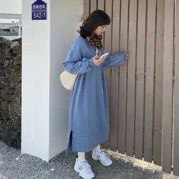 

Women Autumn Winter Blue Super Long Hoodies Round Collar Split Long Sleeve Oversize Warm Sweatshirt with Velvet Loose Pullovers