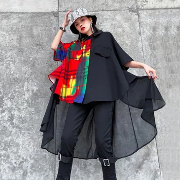 

Contrast Color Shirt Female Asymmetry Dress 2020 Summer Fashion Mid Length Shirt Short Sleeve Stitching Chiffon Hem Loose Dress