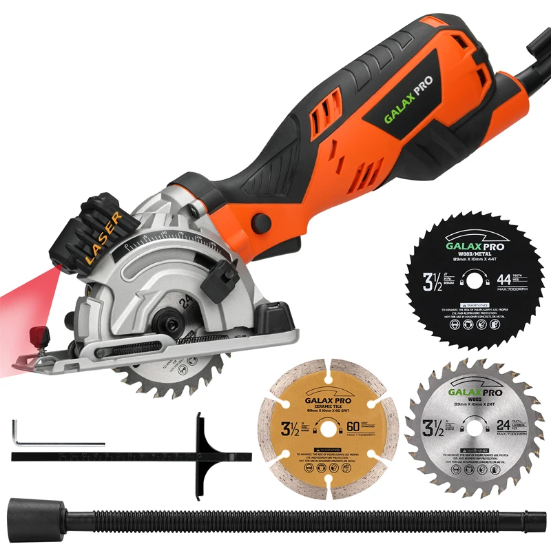 GALAX PRO 600W 4500RPM Mini Circular Saw with Laser, Max. Cutting Depth 28.5mm, 3 Saw Blades 89mm(24T, 44T, Diamond Saw Blade)