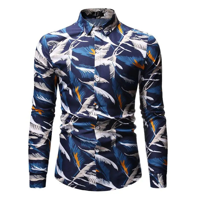 Мужская Повседневная рубашка Slim Fit Мужская Повседневная рубашка с принтом на пуговицах с длинными рукавами официальные сорочки мужская одежда - Цвет: Синий
