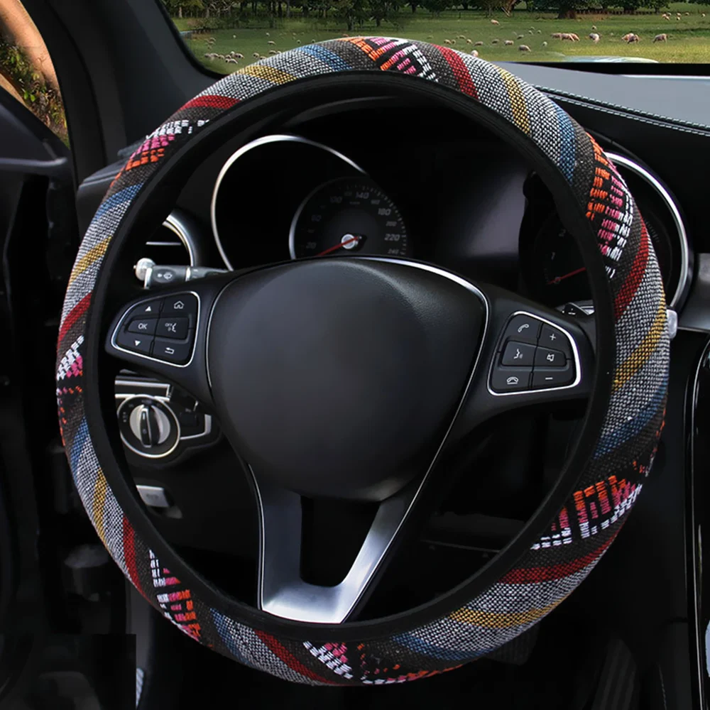 

Linen Universal Elastic Car Steering Wheel Cover Ethnic Style Car Steering-wheel Covers Auto Decoration Car Accessories