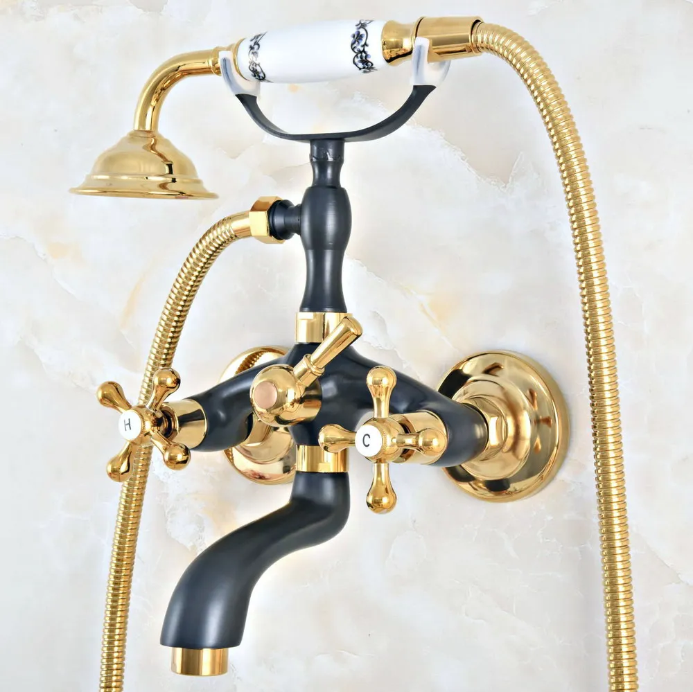 

Black Gold Color Brass Wall Mount Bathtub Tub Mixers Two Cross Handles Bathroom Bath Shower Faucet with Handshower zna403