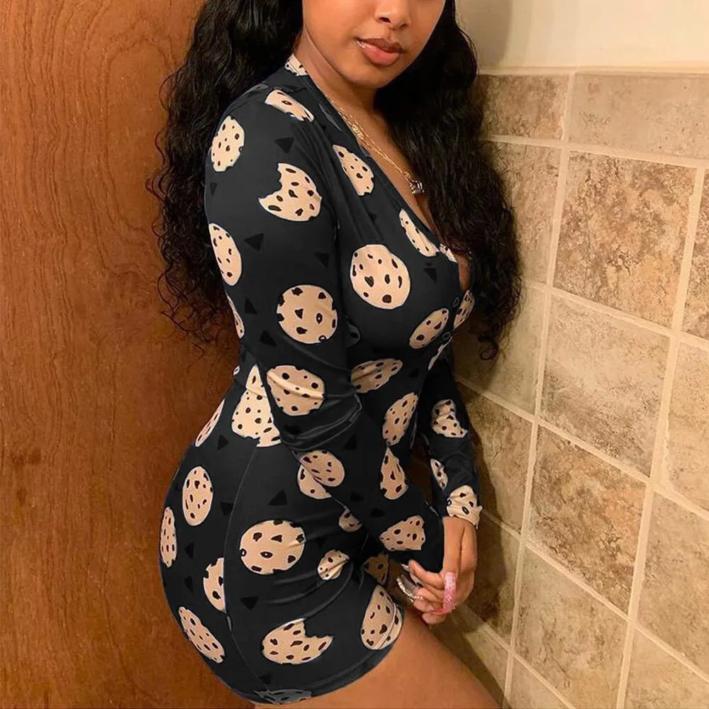 Cartoon Cookies Printed Women Sexy Oneies Bodycon Jumpsuit Romper Long Sleeve HomeWear Tracksuit Playsuit Pajama Onesies