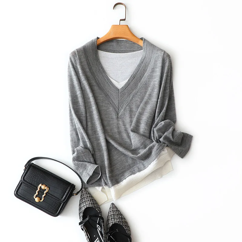 

New Style for Autumn and Winter Cashmere Sweater V-neck Fake Two-Piece Women's Simple Sweaters Base Top Patchwork