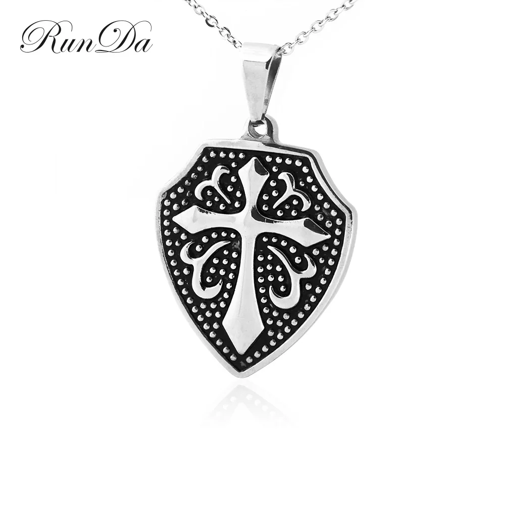 

Runda Punk Retro Men'S Hollow Cross Flower Shield Stainless Steel Pendant Necklace Fashion Accessories Jewelry