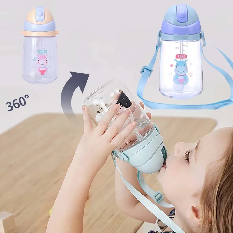 Детские школьные бутылки для воды с мультяшными животными, с ремешком, Детские стаканчики, соломинка, подпрыгивающий чайник для новорожденных