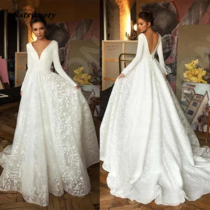 Sexy Deep V Neck Lace Wedding Dress 2024 Romantic Long Sleeve Tulle Ruched Wedding Gowns Robe de Mariee Bridal Dresses